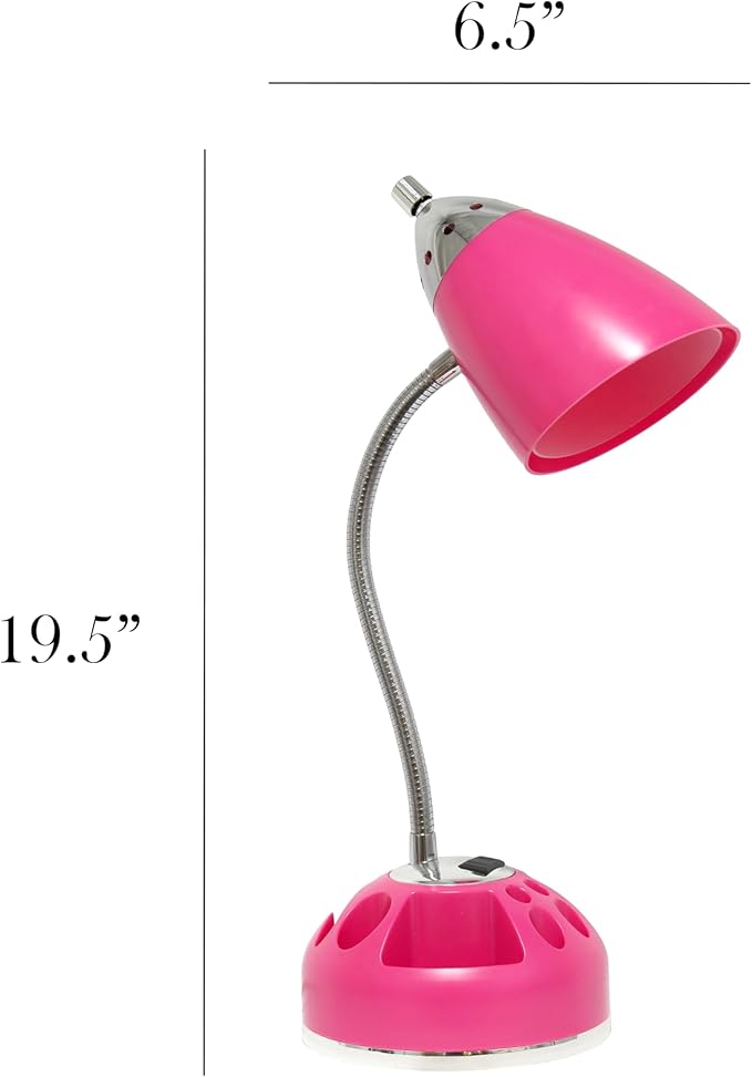 Simple Designs LD1015-PNK-LB 19.5" Flossy Organizer Desk Lamp with Charging Outlet Lazy Susan Base and LED Bulb, Pink