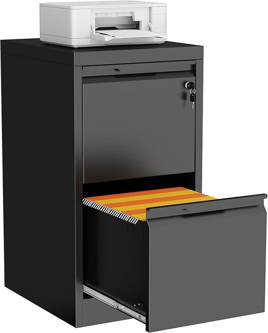 2 Drawer File Cabinet with Lock,Filing Cabinets for Home Office,Metal Small File Cabinet for Letters/Legal/A4 Size, Assembly Required,Black