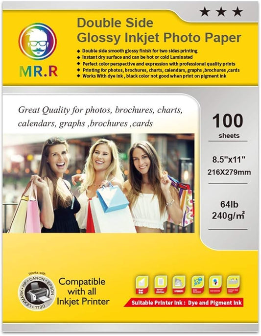 MR.R Double Side Glossy Inkjet Photo Paper,8.5"x11" (letter size) x100 Sheets,64lb-240gsm