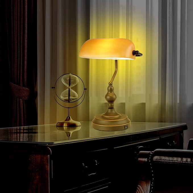 Banker Desk Lamp Touch Control, Vintage Banker's Desk Lamp with USB Port, 3 Way Dimmable Desk Lamps, Farmhouse Library Lamp Oil Rubbed Bronze for Office, Study Room