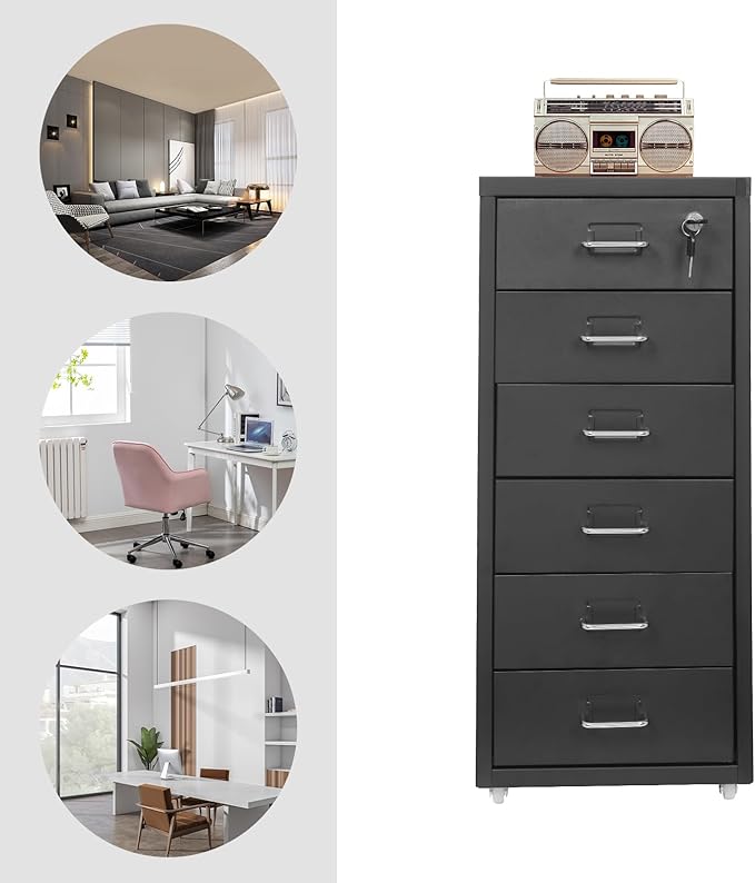 6 Tiers Metal File Cabinet with 6 Drawers Vertical Filing Cabinet with Lock & Wheels Freestanding Locking Storage Cabinet for Home Office, 11 * 16 * 27in (Black)