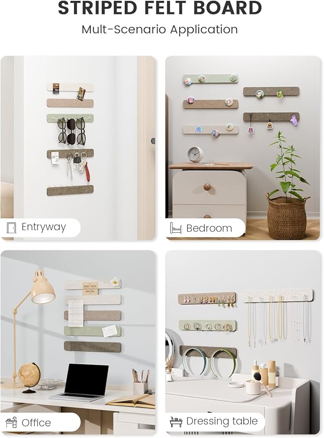 Fluxynara Cork Board Alternative Felt Strip Board 5-Pack 13"x2", Office Pin Board with 35 Push Pins, Adhesive Install for Bedroom Door & Home Office(Linen Dusk)
