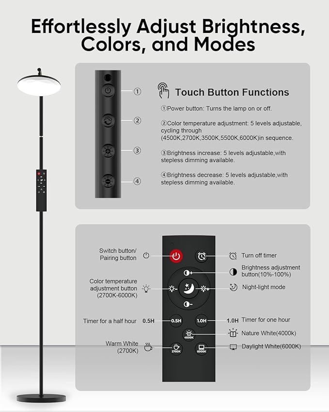 LED Floor Lamp, 36W Super Bright Standing Lamp with Remote & Touch Control, 69" Stepless Dimmable Torchiere Tall Lamp, 350° Rotating Head Floor Lamp for Bedroom, Living Room, Office, Black