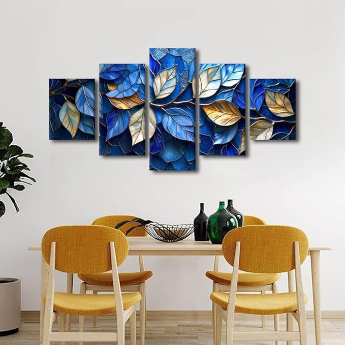 Abstract Canvas Art 5 Panel Home Wall Decor Blue and Golden Leaves Painting Prints on Canvas for Abstract Enthusiasts Living Room Office Wall Decoration Stretched and Framed Ready to Hang 60x32 in