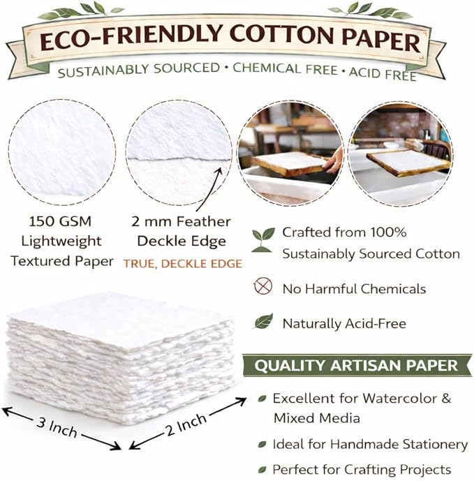 Handmade White Deckle Edge Blank Paper - 2x3 Inch Package of 50 - Mixed Media Loose Leaf Paper for Placecards, Vow Cards, Thick 150 GSM