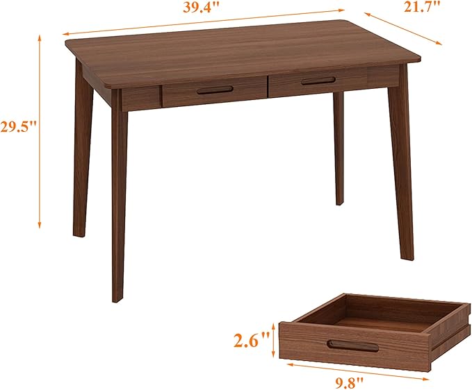 40 Inch Compact Computer Gaming Desk, Study Work Office Desk with 2 Storage Drawers, Rectangular Study Reading Table, Simple Computer Writing Table for Home Office, Living Room,Walnut Color