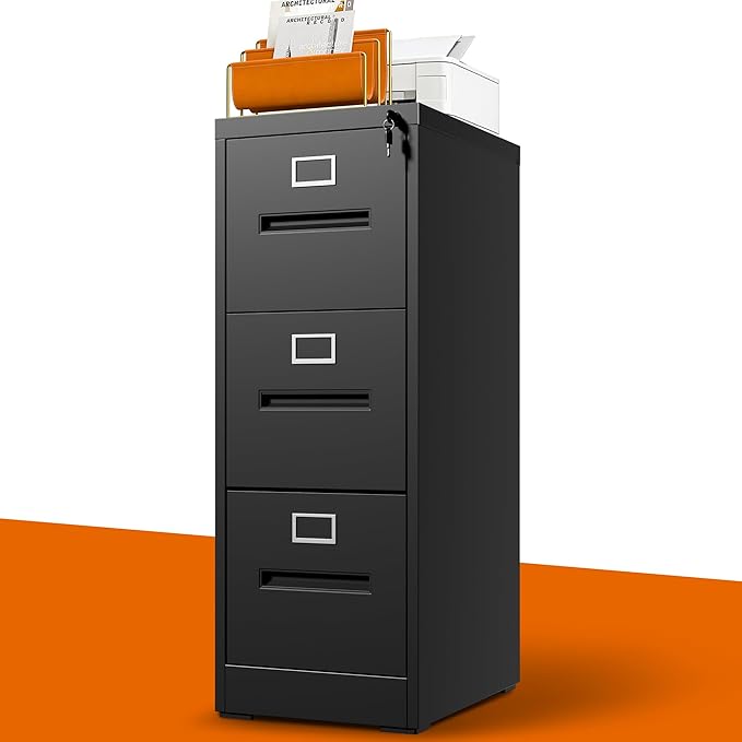 3 Drawer File Cabinet with Lock, Metal Vertical Filing Cabinet for Home Office, Office Furniture for Organization Hanging Files for A4/ Legal/Letter, Heavy Duty Storage Cabinet,Require Assembly-Black