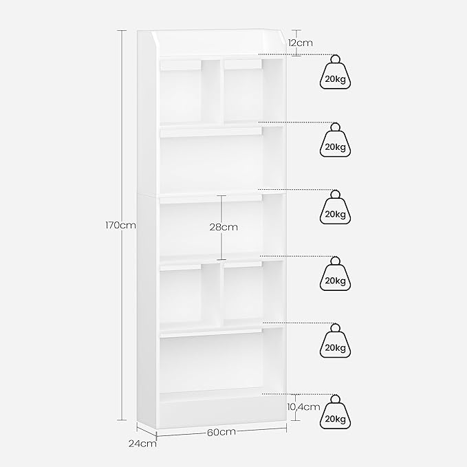 Bookshelf, Bookcase with Storage, 6-Tier Open Tall Bookshelves, Floor Display Shelves, for Living Room, Home Office, Bedroom, Modern Style, White BC11103X