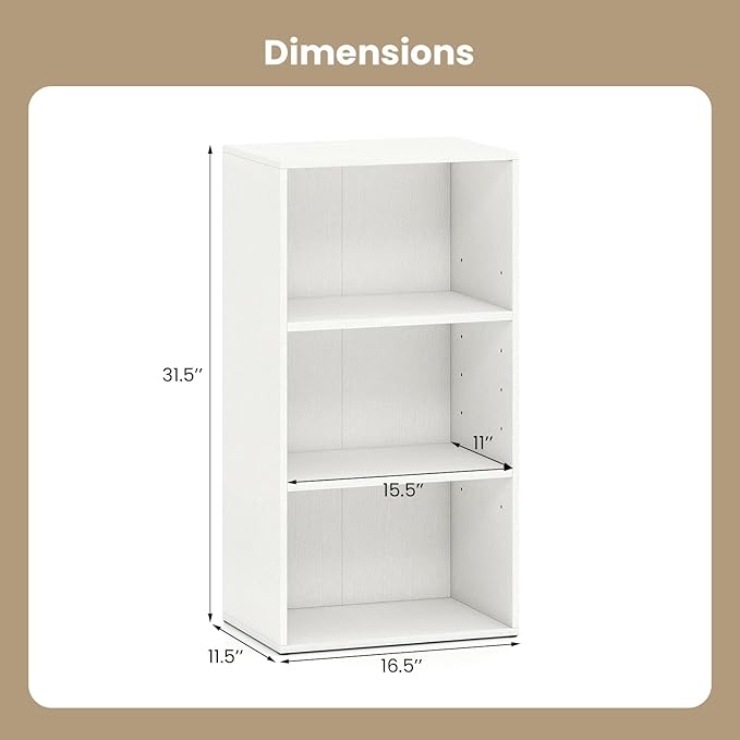 Giantex 3 Tier Bookshelf, White Bookcase 3 Shelf, Open Cube Storage Orginazer Cabinet, Multi-Functional Home Office Bedroom Furniture Display Book Shelf