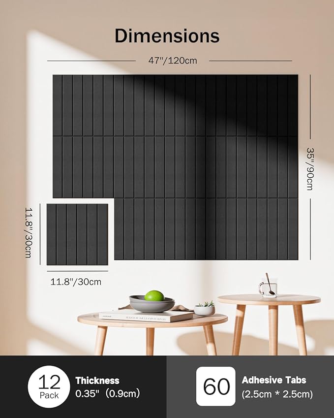 Large Cork Board, 48" X 36" Bulletin Board, 12 Pack Felt Pin Boards Cork Boards for Walls Office Home Decor, Classroom with 60 Safe Removable Adhesive Tabs Black