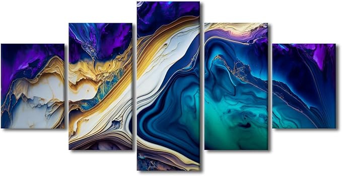 Abstract Art Canvas Wall Art Decor Modern Room Wall Art for Men Swirls of Multi Color Marble Picture Printing 5 Panel Poster for Cool Girl Cool Boy Bedroom Decor Stretched Ready to Hang 60x32 in