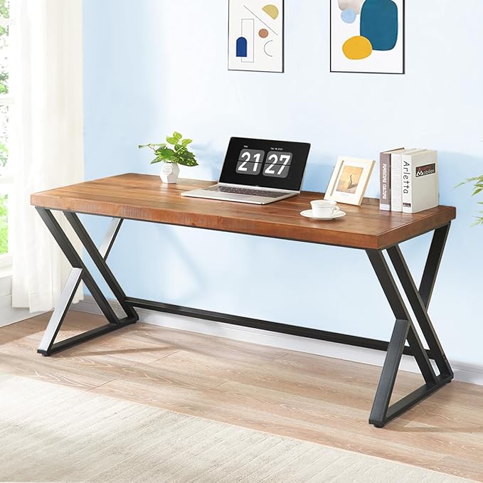 Real Wood Computer Desk, Home Office Solid Wood Writing Desk, Farmhouse Long Natural Wood Executive Work Desk, Industrial Rustic Wooden Metal PC Gaming Office Table Workstation, Brown, 60 in