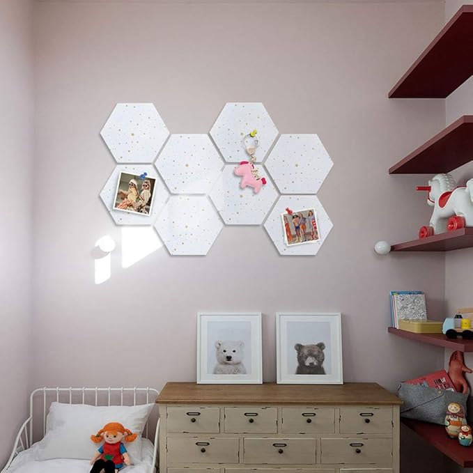Felt Hexagon Bulletin Board with 20 Push Pins, Pack of 8 Notice Boards for Home Office Kitchen, Push Pin Board Felt Wall Tiles for Photos Memos