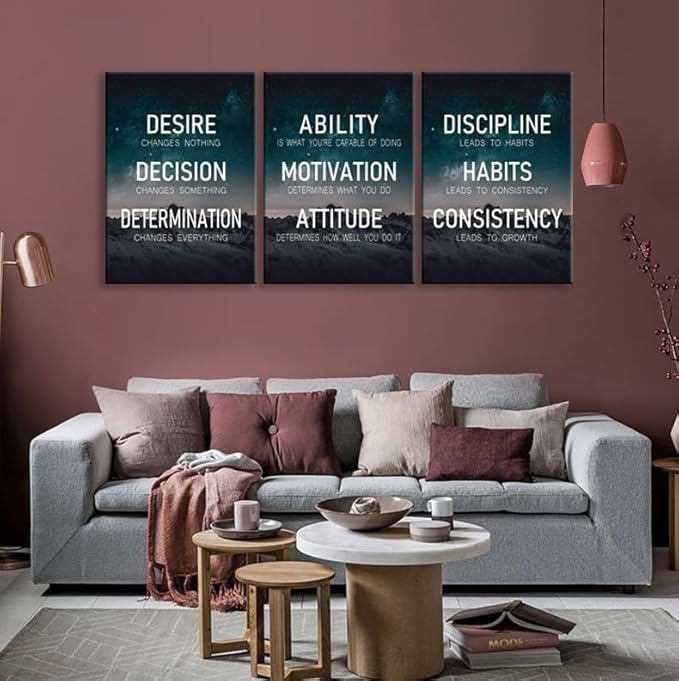 WYJDFART Set of 3 Motivational Wall Art “The Elements of Success:Discipline-Habits-Consistency-Attitude -Determination” Inspirational Wall Decor for Home Gym Bedroom Living Room [60''Wx 28''H]
