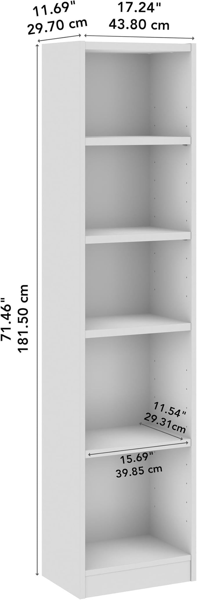 Bush Home Universal 17W Narrow 5 Shelf Bookcase in White, Tall Skinny Bookshelf for Home Office Storage or Living Room Organization
