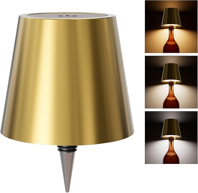 Wireless Bottle Lamp, Wireless Bottle Lamp Shade with 3 Color Temperature, Rechargeable Stepless Dimming LED Wine Bottle Lights for Any Bottle, Desk Lamp for Bedroom Restaurant - Electroplating Gold