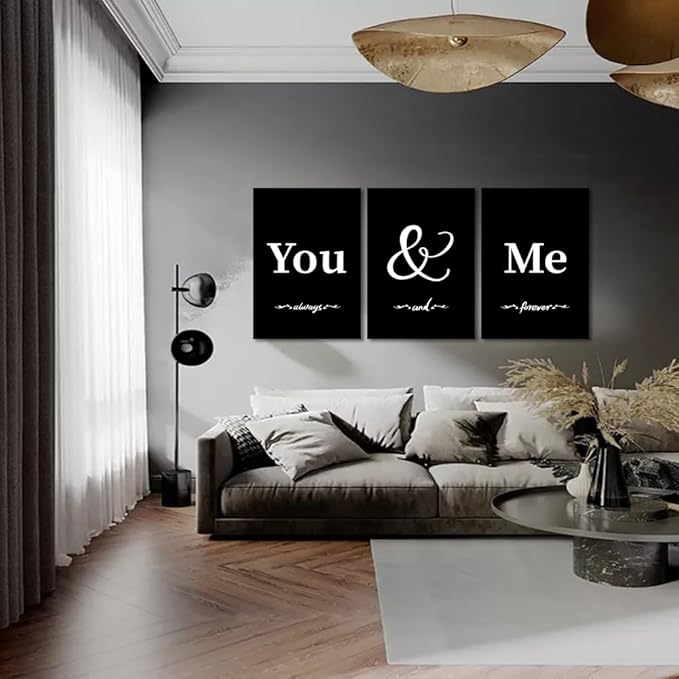 3 Panel You and Me Wall Art - Framed Romantic Bedroom Canvas Painting Black and White Wall Decor Inspiring Words Always & Forever Print Poster Modern Home Decor for Bathroom Living Room, 20" x 28"x 3