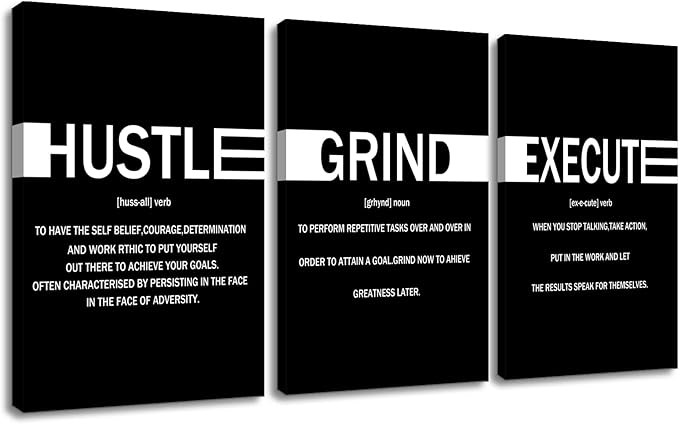 Inspirational Hustle Grind Execute Positive Wall Art Entrepreneur Quotes Print Picture Modern Wooden Canvas Framed Artwork for Home Living Room Office Artwork Stretched and Framed [72''Wx36''H]