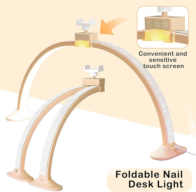 Nail Light for Desk,Half Moon Light LED for Tech Nail Desk Lamp with Phone Stand Foldable Adjustable Dimmable Half Moon Lamp for Lash Beauty Tattoos Crafts