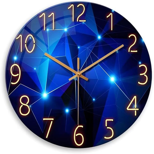 Blue Wall Clock Battery Operated 14 Inch Modern Wall Clock Non Ticking Glass Clock for Living Room