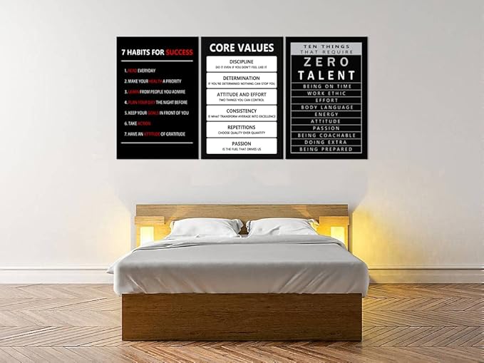 Core Values Motivational Canvas Wall Art 3 Pieces Poster Inspirational Ten Things That Require Zero Talent Canvas Artwork Picture Print Framed for Home Office Living Room Gym Wall Decor [72''Wx 36''H]