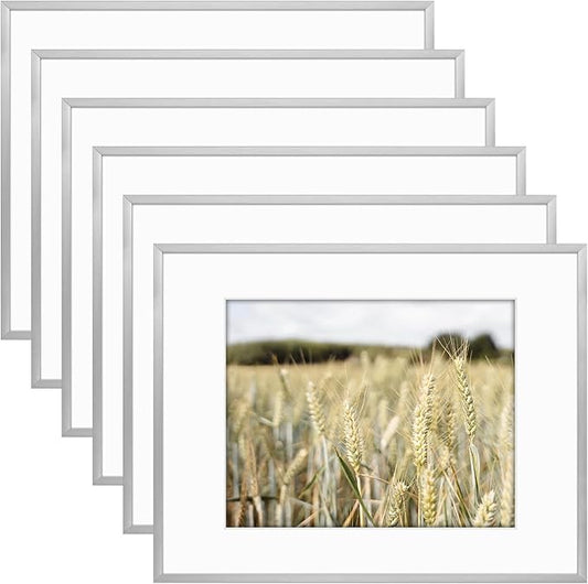 Golden State Art, Gallery Wall Frame Set of 6 - Silver 11x14 Aluminum Photo Frames with Mat for 8x10 Pictures - 11 x 14 inch Metal Frame with Real Glass Cover - Elegant Home or Office Decor