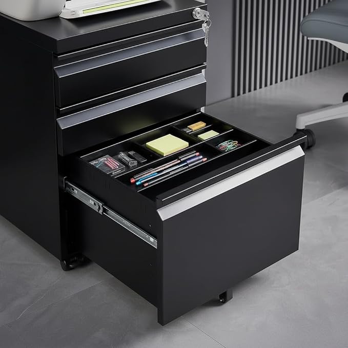 [Fully Assembled] 3-Drawer Lockable Mobile File Cabinet – Metal A4/Letter/Legal Size Storage for Home/Office, Pre-Assembled, Space-Saving Under-Desk Cabinet with Wheels (Black)