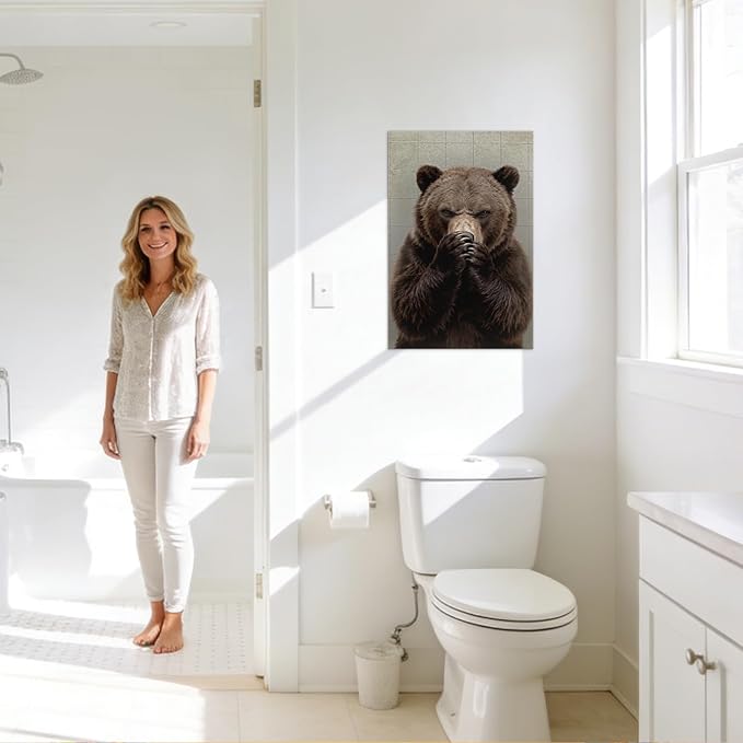 YOUHONG Funny Bear Bathroom Decor with Wooden Frame, Lightweight Bathroom Bear Holding Nose Wall Art Humor Animals Painting for Restroom Toilet,Funny Animals Posters Ready to Hang 24x36 Inches