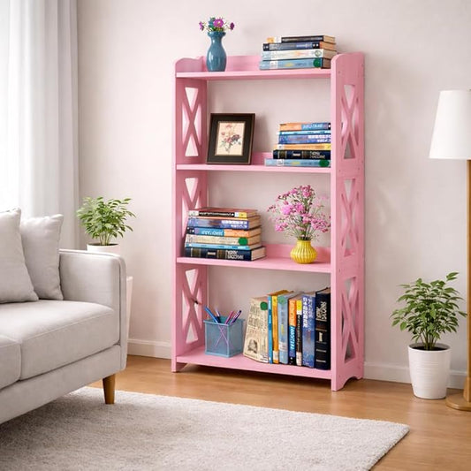 Pink Bookcase by Natural Wood, 4 Tier Bookshelf, Small Book Shelves Freestanding Display Storage Shelves. Open Bookshelf for Bedroom, Living Room and Office (Pink, 4 Tier)