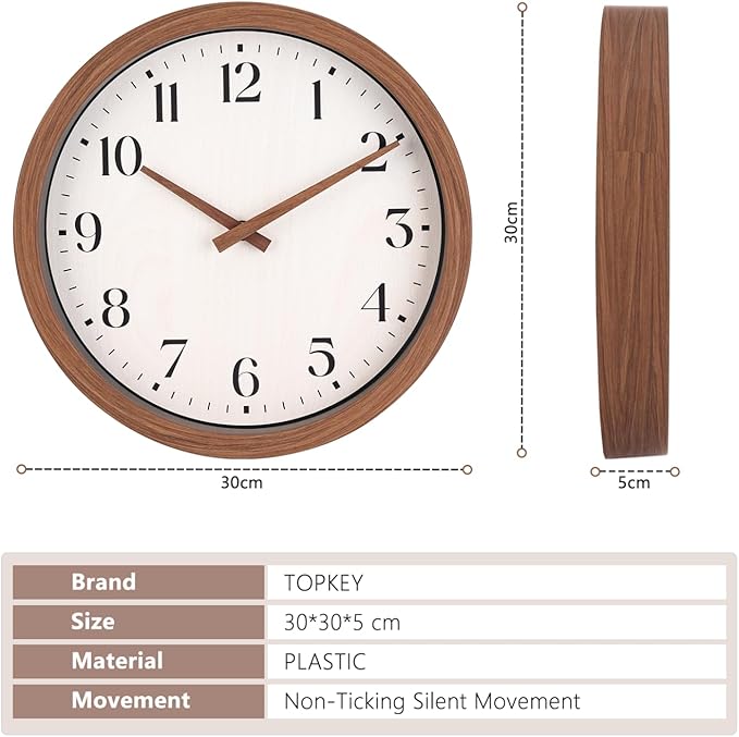 Topkey 12 Inch Silent Wall Clock with Wooden Hour and Minute Hands - Round Wood-Like Frame & White Dial for Home Office Kitchen Decor - Wooden Brown