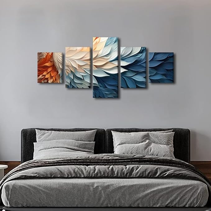 Canvas Wall Art for Bedroom Modern 5 Panel Colorful Abstract Wall Art Blue White Orange Feather Leaf Poster Printing for Men Lady Living Room Home Wall Decor Stretched Ready to Hang 50x24 in
