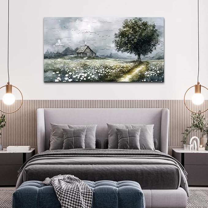 ERQINHUA Gray Large Canvas Wall Art For Living Room Farmhouse Wall Decor For Bedroom Office Home Decor Field scenery Paintings Tree Landscape Wall Pictures Printed Artwork Ready to Hang 30"X60"