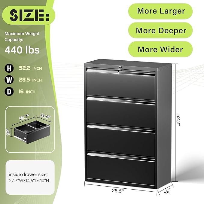 Incbruce 4 Drawer Lateral File Cabinet with Lock, 28" W Under Desk Filing Cabinet Filing Cabinets for Home, Office, Fit A4/F4/Letter/Legal File (Black)
