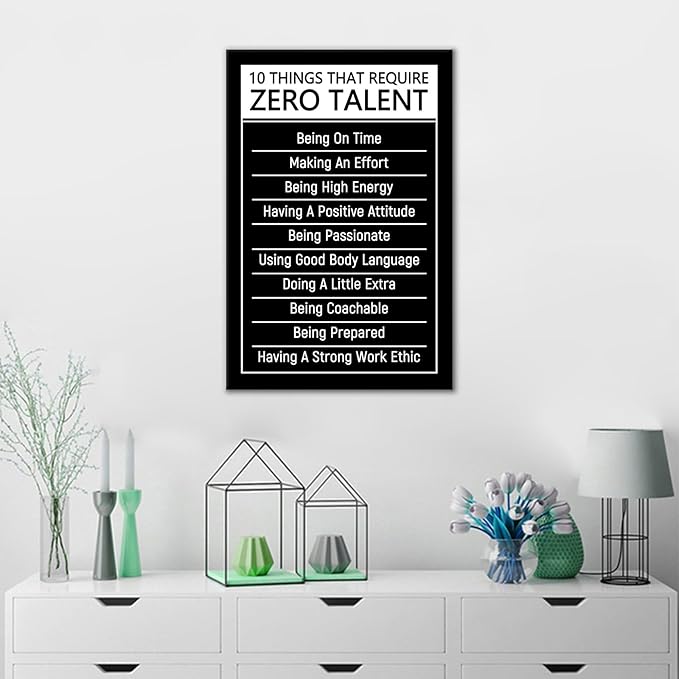 DINGFUN Motivational Wall Art 10 Things That Require Zero Talent Inspirational Canvas Poster Framed Mindset Decor for Home Office Desk Teen Room Daily Reminder Ready to Hang, 18x12 Inch