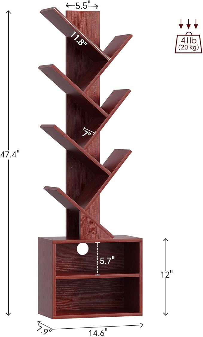 SUNMORY 6 Tier Tree Bookshelf, Tall Bookcase with Storage Cabinet, Modern Narrow Bookshelves Organizer, Floor Standing Book Shelf for Bedroom/Living Room/Home Office/Corner, Cherry