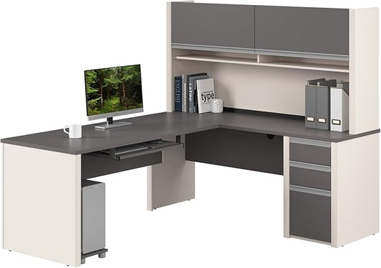 Bestar Connexion L Shaped Desk with Hutch and Pedestal in Slate and Sandstone, 72W | Large Corner Table for Home Office Workspace or Personal Work Area
