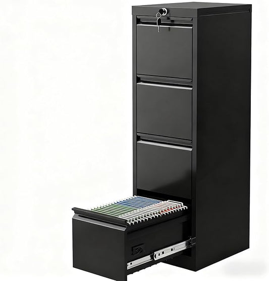 4 Drawer Metal File Cabinet with Lock, Wide Office Steel Filing Cabinet, Mobile Storage Organizer for Letter Legal Files, Home Office School Tool Storage Cabinet, Black
