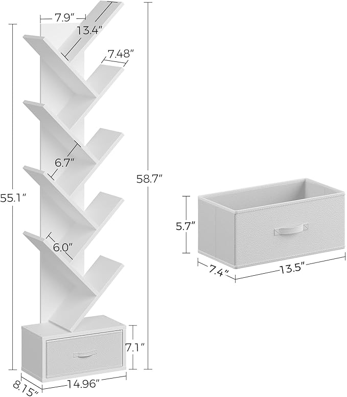 Rolanstar Tree Bookshelf with Drawer, 9 Shelf Bookshelf, Wooden Bookcase Storage Rack for CDs/Movies/Books, Corner Bookshelves, Utility Organizer Shelves for Living Room, Bedroom, White