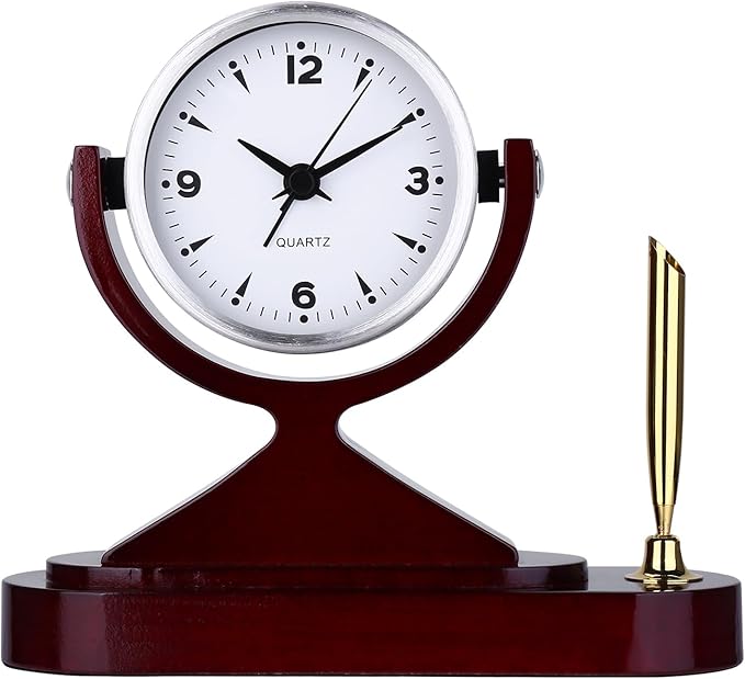 Wooden Desk Alarm Clock Battery Operated, Silent Non-Ticking, Adjustable Angle & Pencil Holder | Office, Shelf, Table Decor | Gift for Students, Teachers, Professionals (Home, Desk, Work)