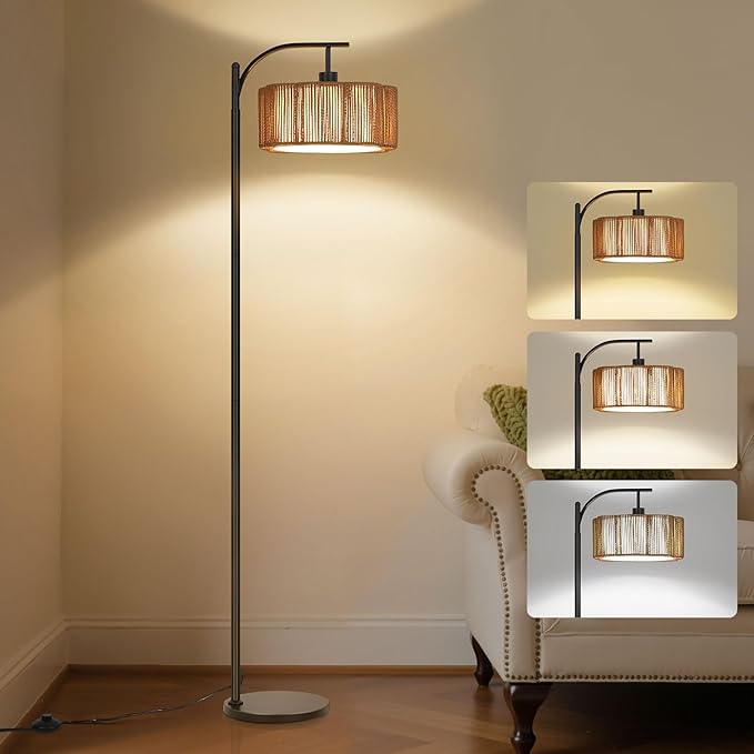 Boho Arc Floor Lamp for Living Room, Modern Rattan Floor Lamp with Foot Switch, Tall Lamp Dimmable 3 Colors Temperature LED Floor Lamps, Bohemian Black Standing Lamp for Bedroom Office