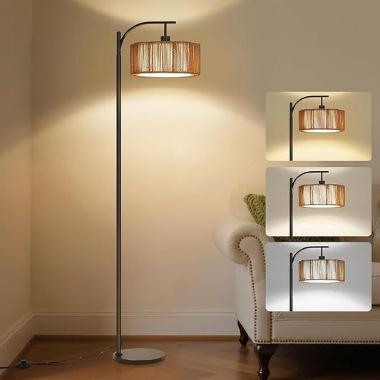 Boho Arc Floor Lamp for Living Room, Modern Rattan Floor Lamp with Foot Switch, Tall Lamp Dimmable 3 Colors Temperature LED Floor Lamps, Bohemian Black Standing Lamp for Bedroom Office
