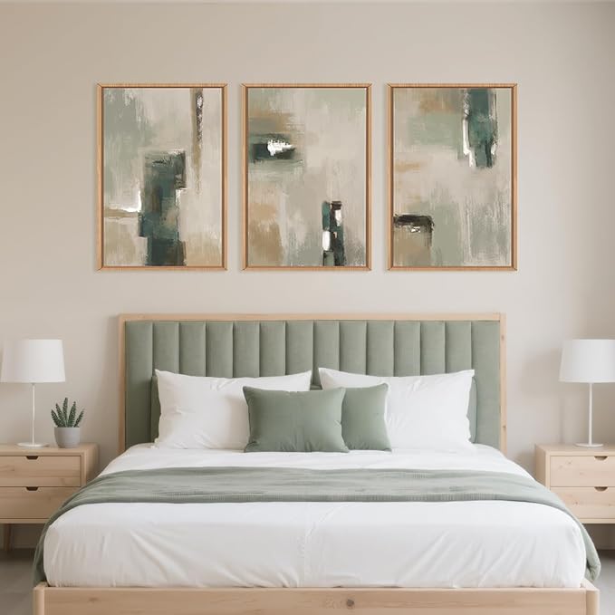 Large Abstract Green Brown Framed Canvas Wall Art,Modern Brush Stoke Wall Decor,Neutral Beige Grey Painting,Rustic Minimalist Artwork for Living Room,Bedroom,Dining Room,Office -16"x24"x3