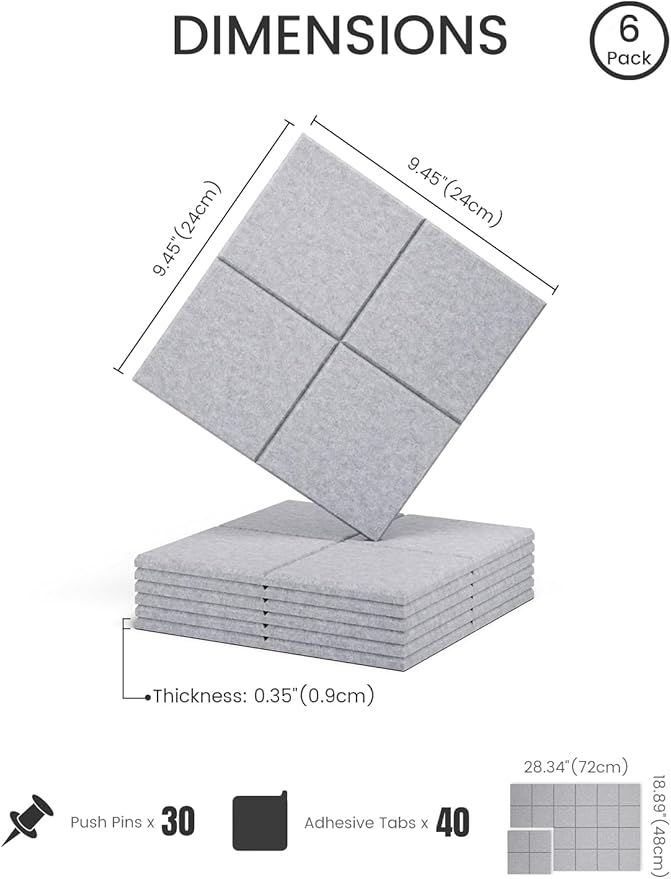 Fluxynara Felt Bulletin Board Tiles -28"x18" Cork Board Alternative for Office Decor, Push Pin Board Wall Organizer 6-Pack - Soft Gray