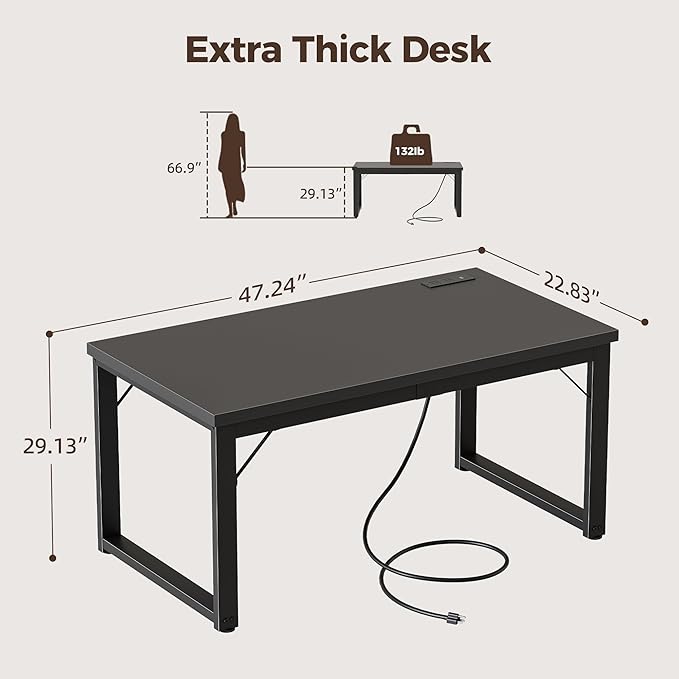 Mericonia 48 Inch Computer Desk with Power Outlets, 1.2" Thick Heavy Duty Industrial Office Desk, Modern Simple Study Writing Table for Home Bedroom Workstation, Black