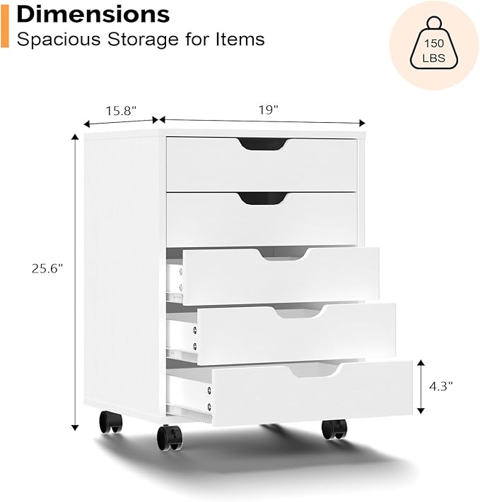 VINGLI 5 Drawers Mobile File Cabinet with Wheels, Under Desk Storage Organization, Vertical Filing Chest Rolling Wood Small Desk Printer Stand for Home Office, 19" W × 15.8" D × 25.6" H, White