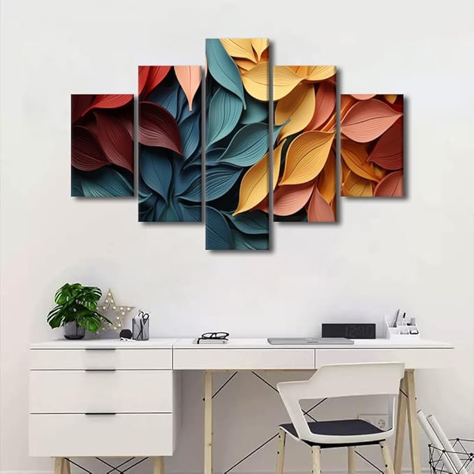 Canvas Wall Art for Lady Modern Living Room Decor 5 Panel Abstract Wall Art Colorful Autumn Leaves Poster Prints on Canvas for Men Office Bedroom Decor Stretched and Framed Ready to Hang 60x40 in
