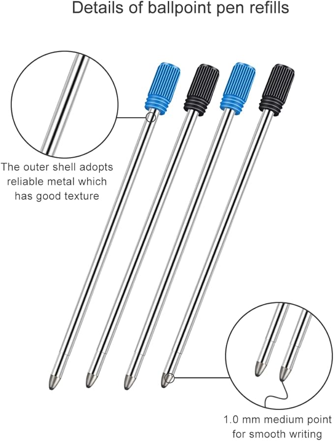 2.75 Inch Ballpoint Pen Refills Pack of 10, Smooth Writing 1.0 mm Medium Point Metal Refill, Replaceable Ink Pen Refill for Diamond Crystal Stylus Pens and Ballpoint Pens (Black and Blue)
