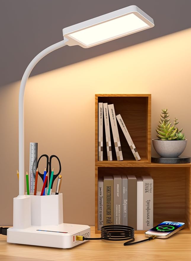 Desk Lamp, LED Desk Lamps for Home Office with 2 USB Charging Port/Outlet/Organizer,Desk Lamp for College Dorm Eye-Caring Study Light,Gooseneck Table Lamp with Pen Holders/Storage,9 Lighting Modes