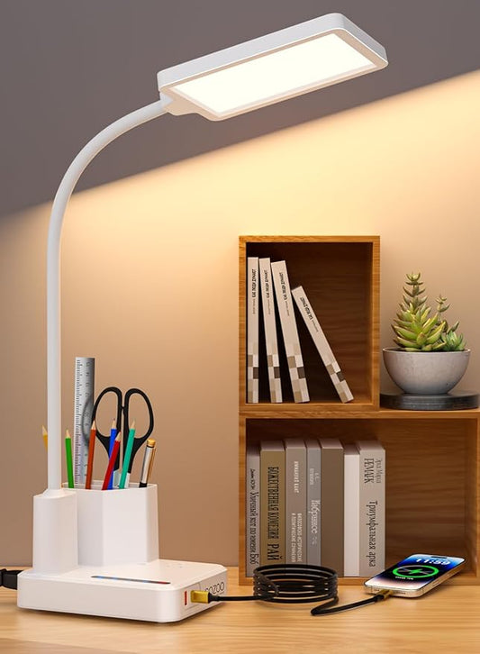 Desk Lamp, LED Desk Lamps for Home Office with 2 USB Charging Port/Outlet/Organizer,Desk Lamp for College Dorm Eye-Caring Study Light,Gooseneck Table Lamp with Pen Holders/Storage,9 Lighting Modes