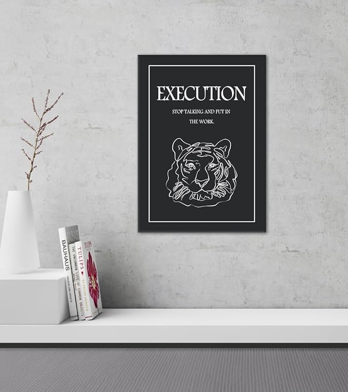 Inspirational Execution Wall Art - Tiger Head with Motivational Quote Canvas Print, Black and White Office Wall Decor, STOP TALKING AND PUT IN THE WORK Poster for Home Workspace, Framed 12"x16"